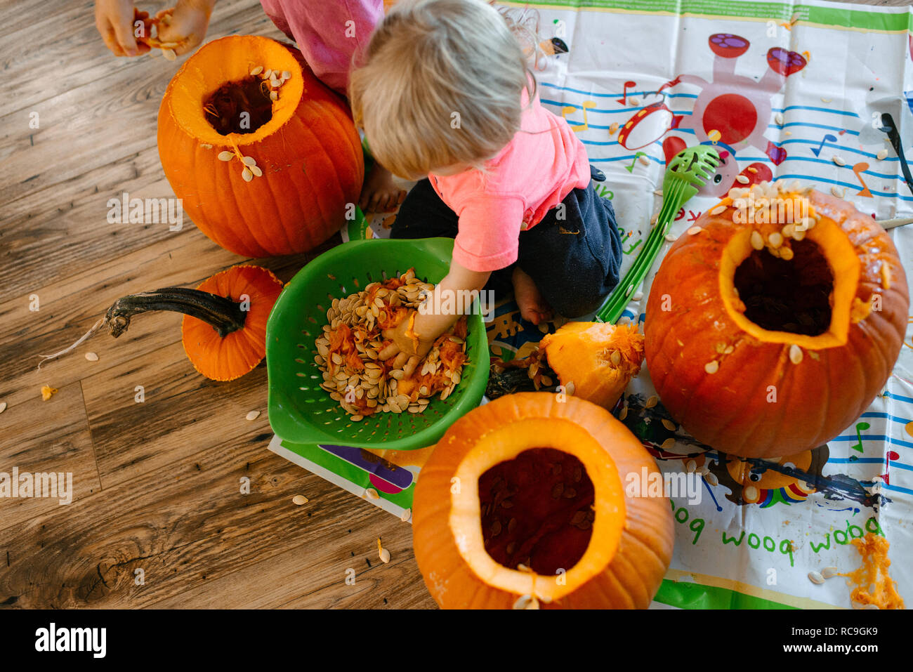 Baby boy playing with pumpkin seeds in colander Stock Photo