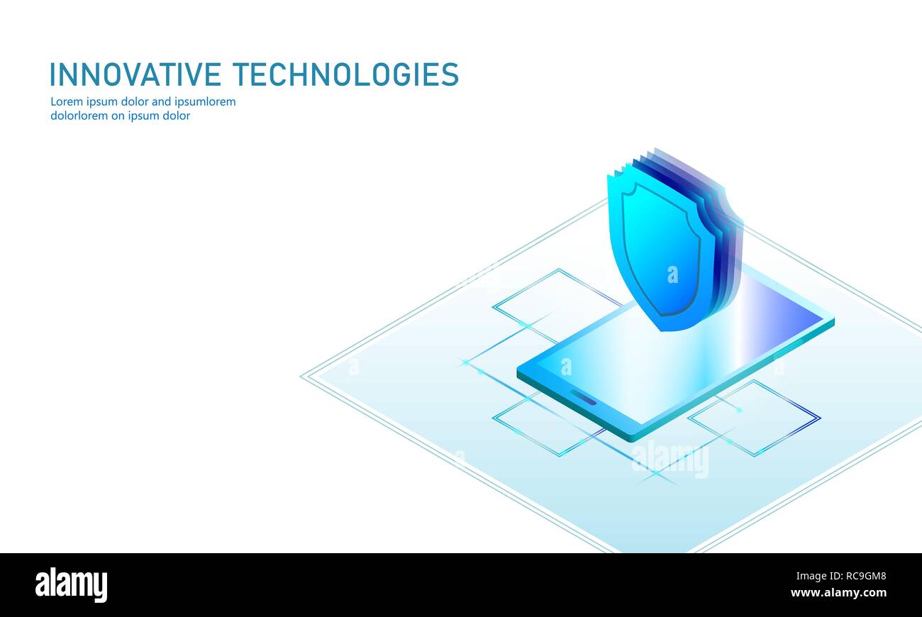 Isometric internet security shield business concept. Blue glowing isometric personal information data connection pc smartphone future technology. 3D infographic vector illustration Stock Vector