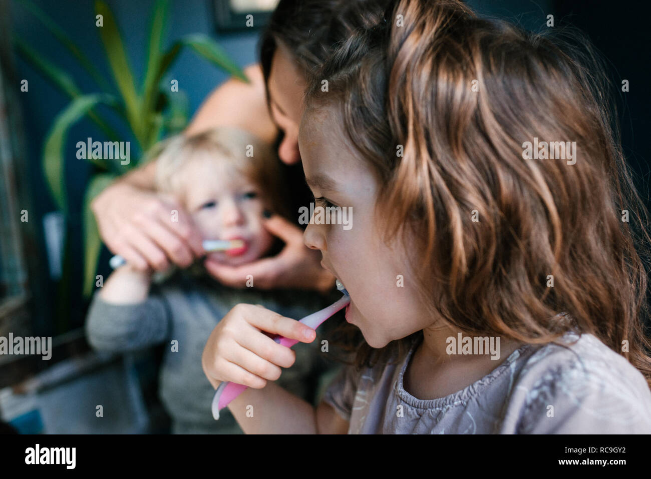 Mother helping children brush teeth Stock Photo