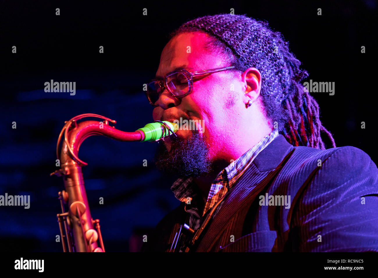 New York, NY - January 12, 2019: Dayna Stephens on saxophone performs with Billy Hart Quartet during Winter JazzFest on ECM Records stage at Le Poisson Rouge Stock Photo