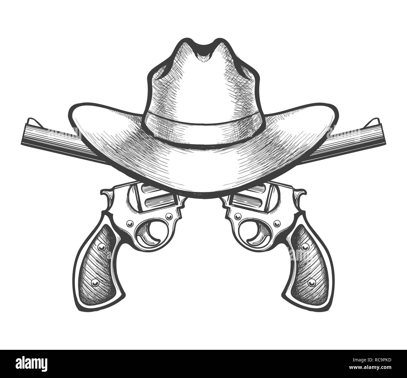 Cowboy hat and a pair of crossed gun revolver handgun drawn in a hand made style. Vector illustration. Stock Vector