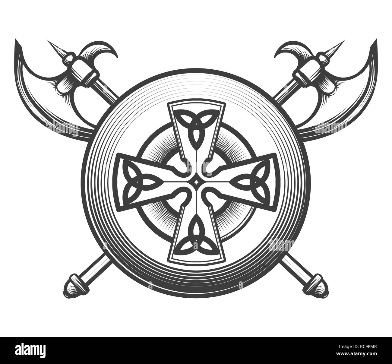 Two crossed battle axes, and shield with celtic friost. Vector illustration Stock Vector