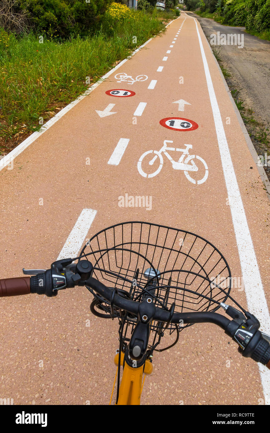 Bicycle steering wheel and bicycle lanes with roadsigns on the asphalt