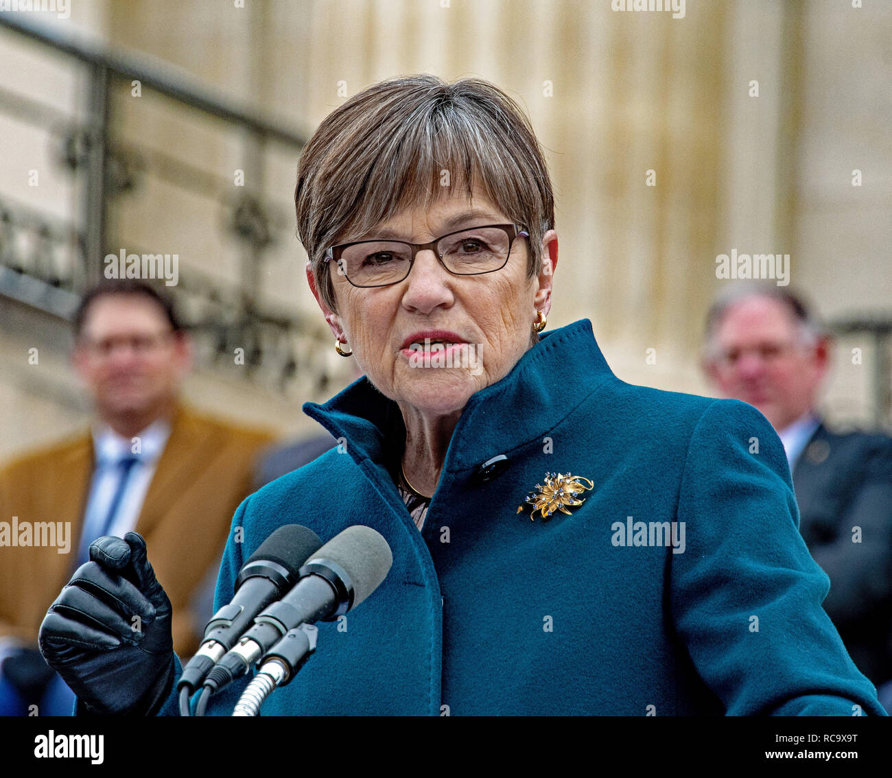 Topeka, Kansas, USA, January 14, 2019 Democrat Governor Laura Kelly delivers her inaugural speech is front of the steps of the Kansas State Capitol building Stock Photo