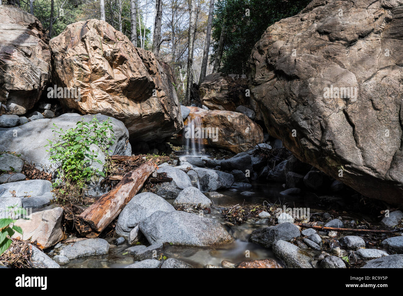 Idlehour creek and falls in the San Gabriel Mountains and Angeles National Forest above Los Angeles in Southern California. Stock Photo