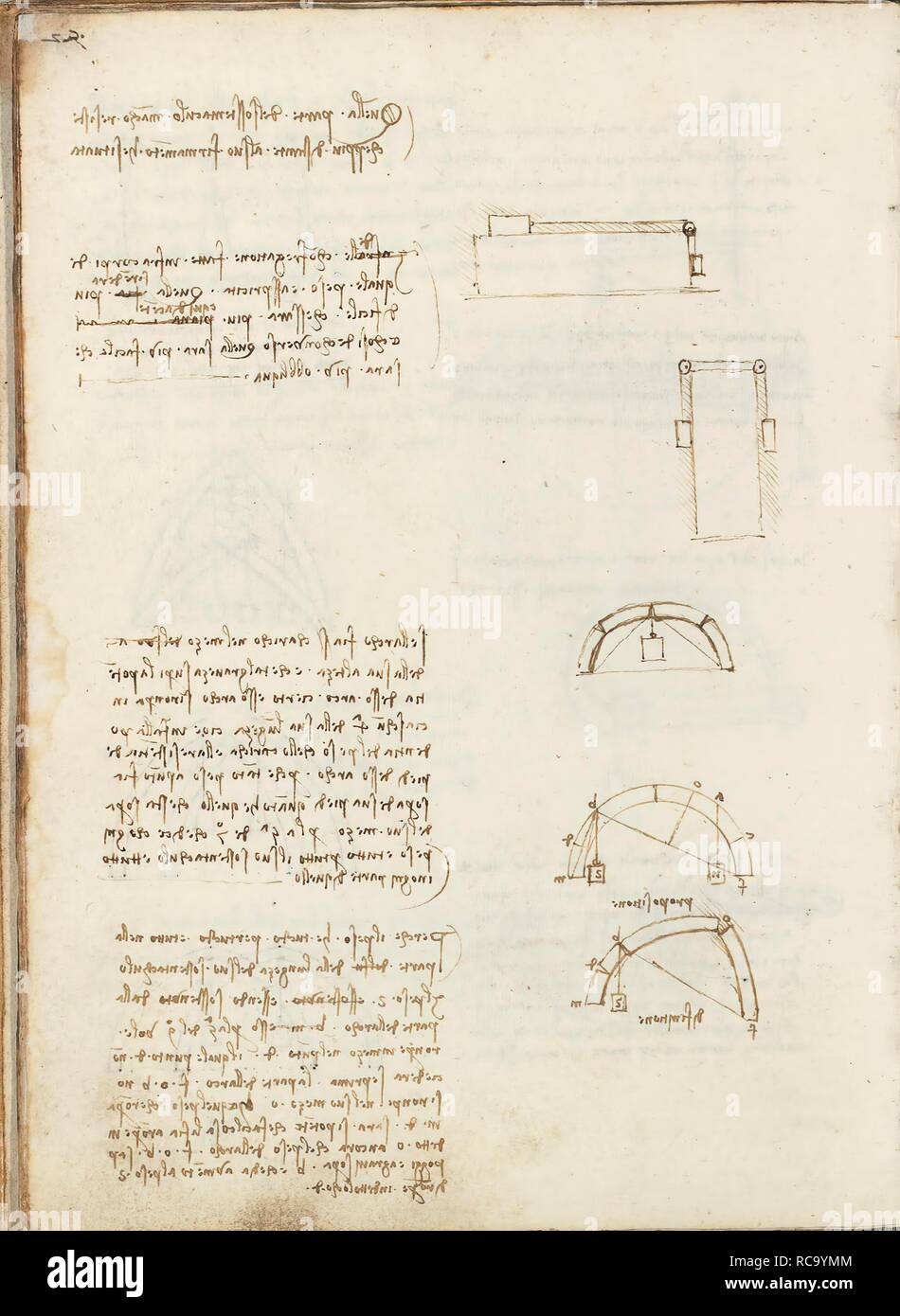 Folio f 139v. Codex Madrid I (Ms. 8937) 'Treaty of statics and mechanics', 192 folios with 384 pages. Internal format: 215 x 145 mm. CIVIL ENGINEERING, CONSTRUCTION. APPLIED MECHANICS (COMPONENTS). PRINCIPLES OF MECHANICS, CINEMATICS, DYNAMICS. Museum: BIBLIOTECA NACIONAL DE ESPAÑA, MADRID. Author: LEONARDO DA VINCI. Stock Photo