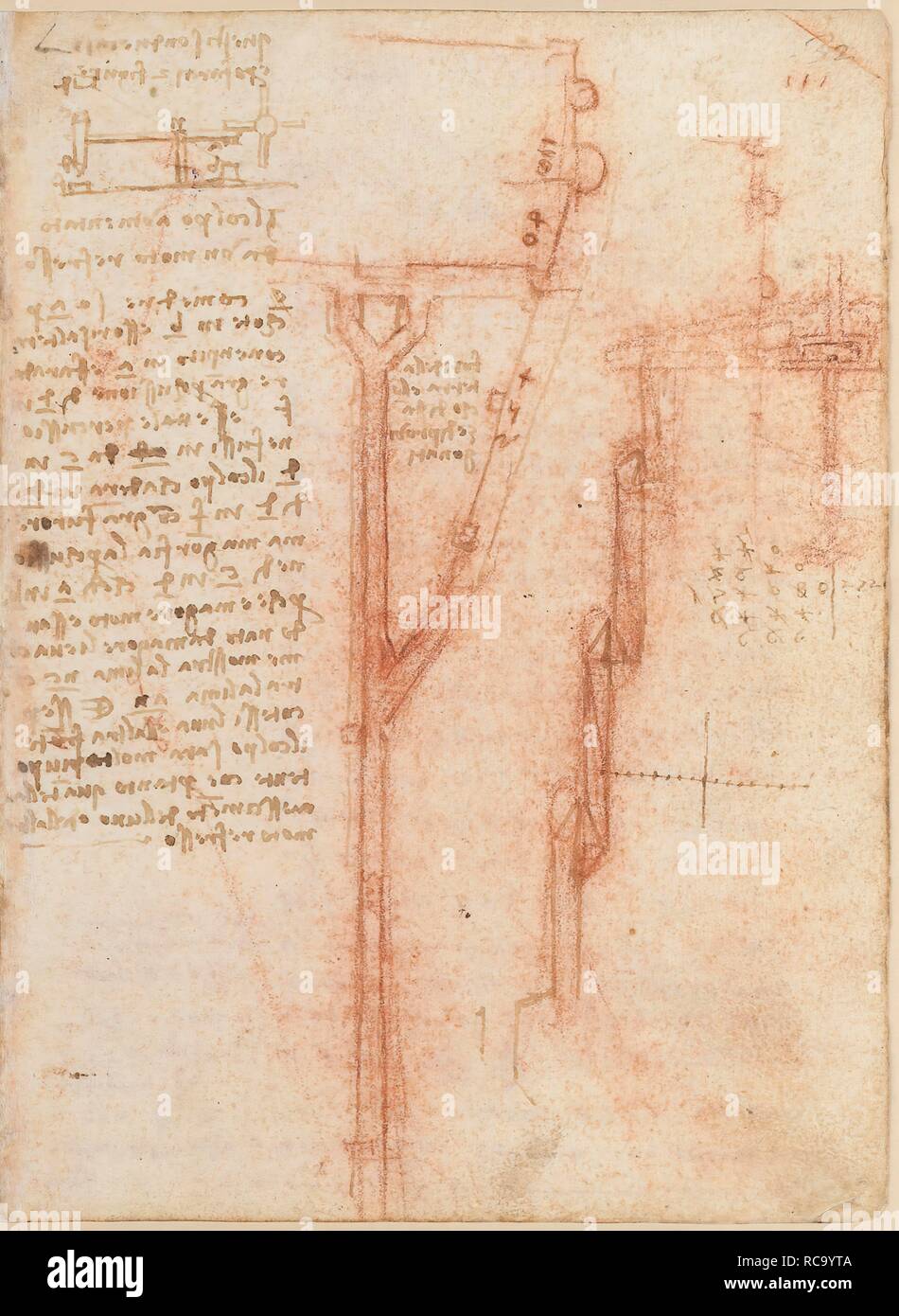 Folio f 32r. Codex Madrid II (Ms. 8936) 'Treaty of fortification, statics and geometry'. 158 folios with 316 pages. Internal format: 210 x 145 mm. CIVIL ENGINEERING, CONSTRUCTION. PRINCIPLES OF MECHANICS, CINEMATICS, DYNAMICS. Museum: BIBLIOTECA NACIONAL DE ESPAÑA, MADRID. Author: LEONARDO DA VINCI. Stock Photo