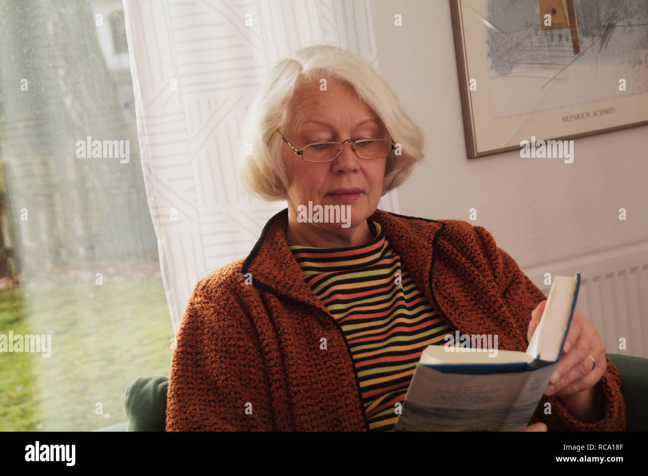Frau mittleren Alters liest Buch auf einem Sofa | middleaged woman is reading a book on a couch Stock Photo