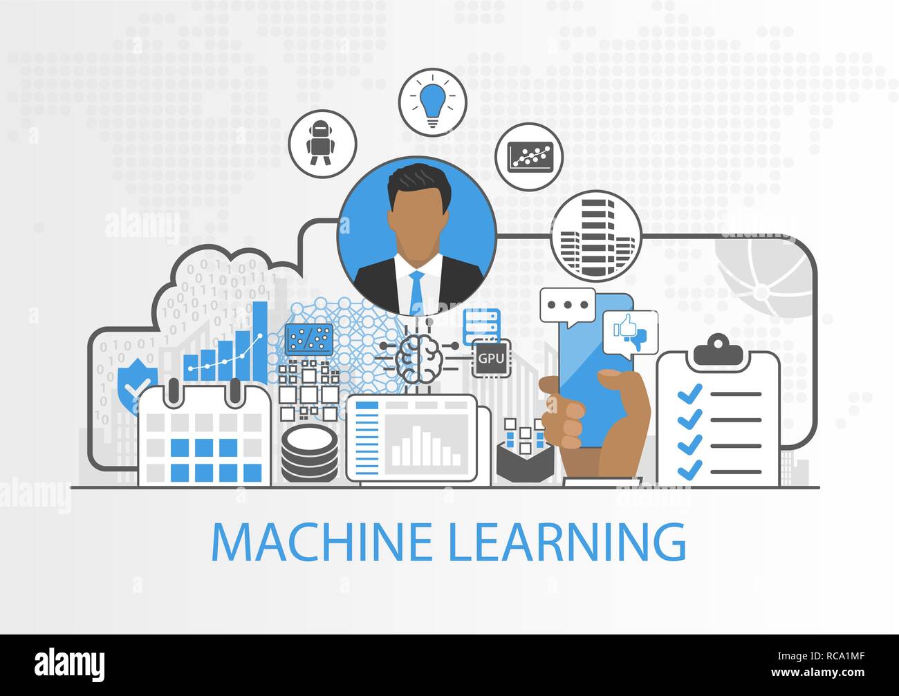 Machine learning vector illustration with business man and icons Stock Vector