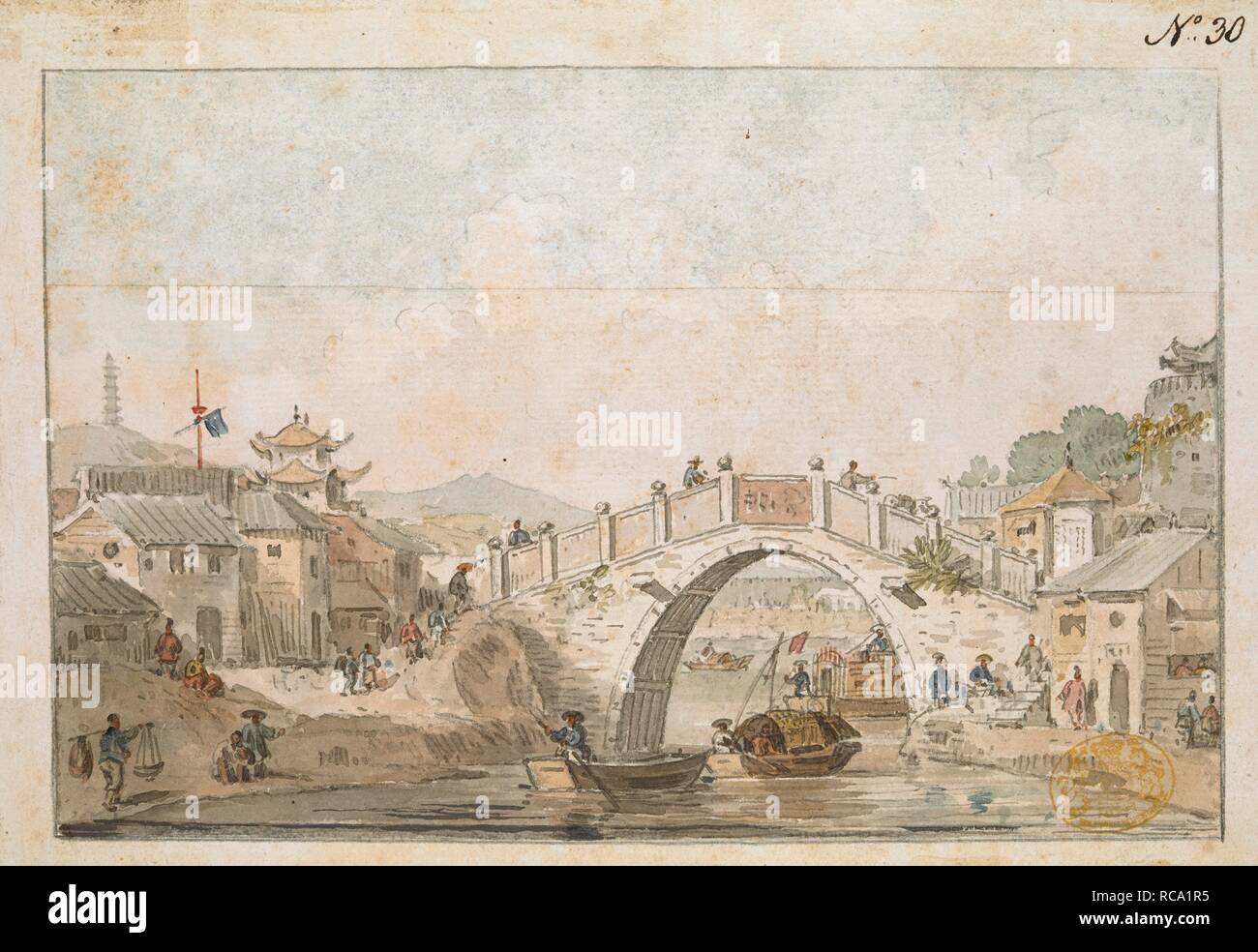 View of a Chinese bridge.  Barges sail under a bridge with cottages on both sides, figures walking on its banks and pagoda in the background on the left. Pasted on mount with washline. The upper part of the sky is painted on the mount. . [A collection of eighty views, maps, portraits and drawings illustrative of the Embassy sent to China under George, Earl of Macartney, in 1793; drawn chiefly by William Alexander, some by Sir John Barrow, Bart., some by Sir Henry Woodbine Parish, and one by William Gomm. Many of them are engraved in Sir George Staunton's Narrative of the Embassy, published in  Stock Photo