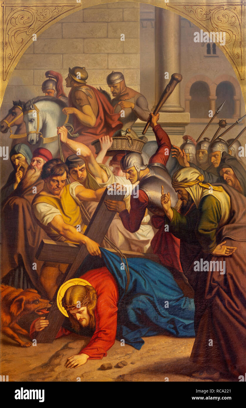 PRAGUE, CZECH REPUBLIC - OCTOBER 15, 2018: The painting of Fall of Jesus under the cross in church Bazilika svatého Petra a Pavla na Vyšehrade Stock Photo