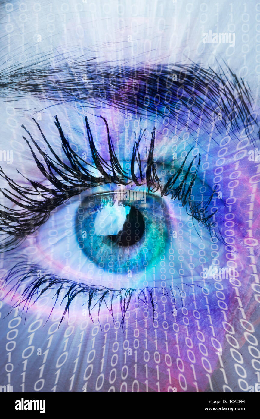 female eye and binary digits, technology and human concept Stock Photo