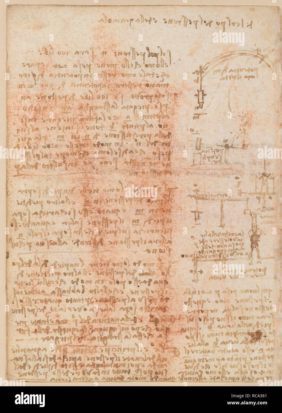 Folio f 31v. Codex Madrid II (Ms. 8936) 'Treaty of fortification, statics and geometry'. 158 folios with 316 pages. Internal format: 210 x 145 mm. APPLIED MECHANICS (COMPONENTS). APPLIED MECHANICS (MACHINES AND WITS). OBSERVATION OF NATURE. UNITS OF WEIGHT AND MEASURES. PRINCIPLES OF MECHANICS, CINEMATICS, DYNAMICS. CIVIL ENGINEERING, CONSTRUCTION. Museum: BIBLIOTECA NACIONAL DE ESPAÑA, MADRID. Author: LEONARDO DA VINCI. Stock Photo