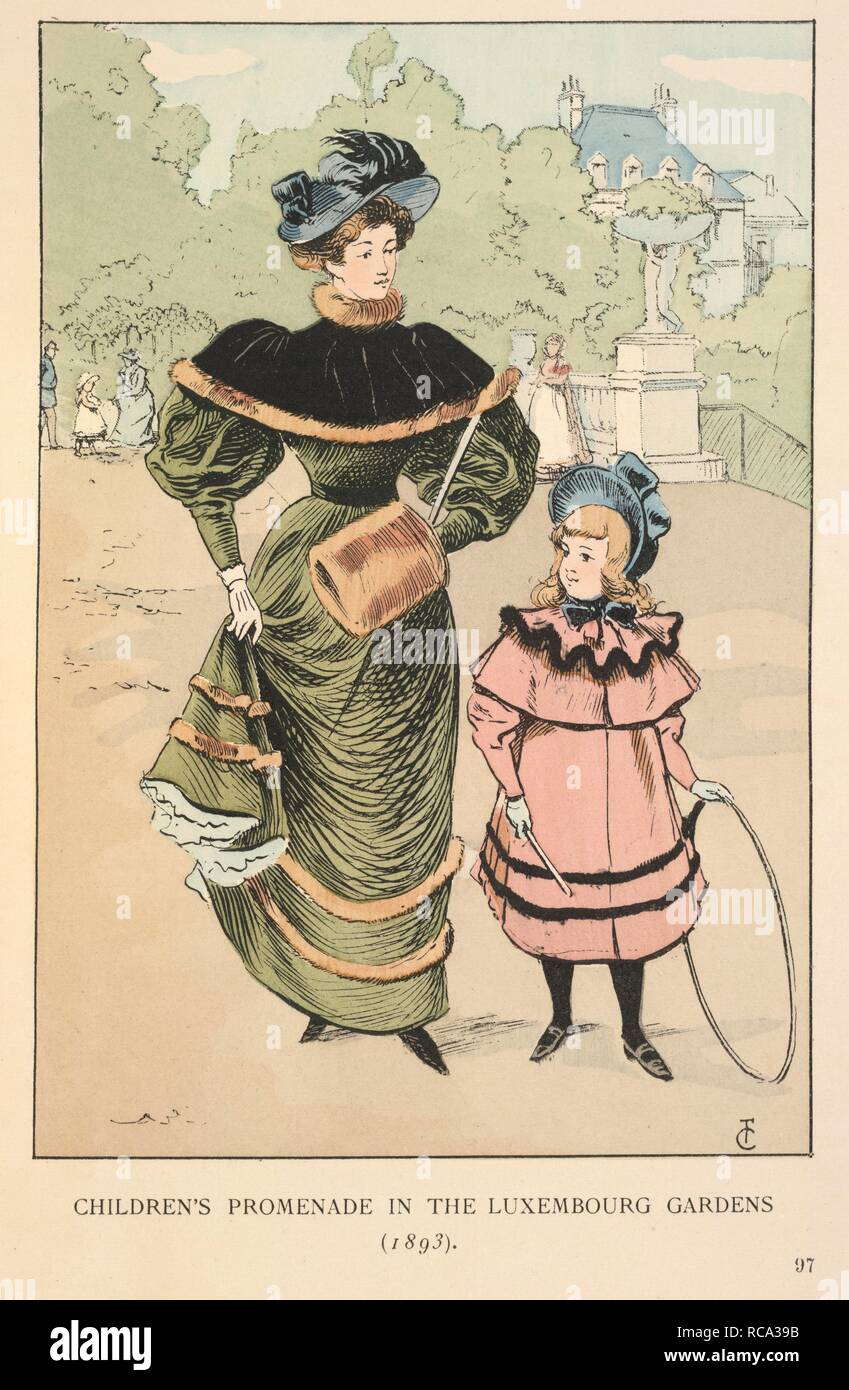 Children's promenade. Fashion in Paris: the various phases of feminine t.  W. Heinemann: London, 1898. Children's promenade in the Luxembourg Gardens  (1893). A mother and her daughter. The mother wears a green