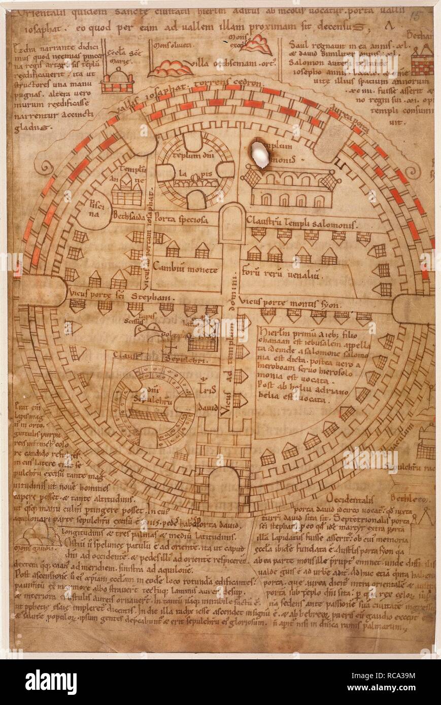 Plan of Jerusalem. 13th century. (Whole plan) Circular plan of Jerusalem, showing the Holy Sepulchre and Temple of Solomon. Outside the walls at the top are the Valley of Jehoshaphat, and the River Cedron with the Mount of Olives beyond  Originally published/produced in 13th century. . Source: Add. 32343, f.15. Language: Latin. Stock Photo