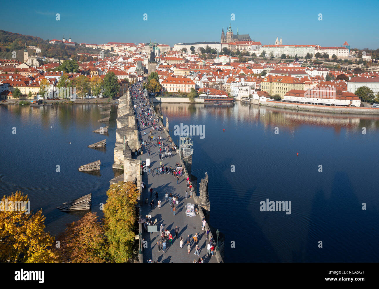 Prague - The Charles Bridge, Castle and Cathedral withe the Vltava river. Stock Photo