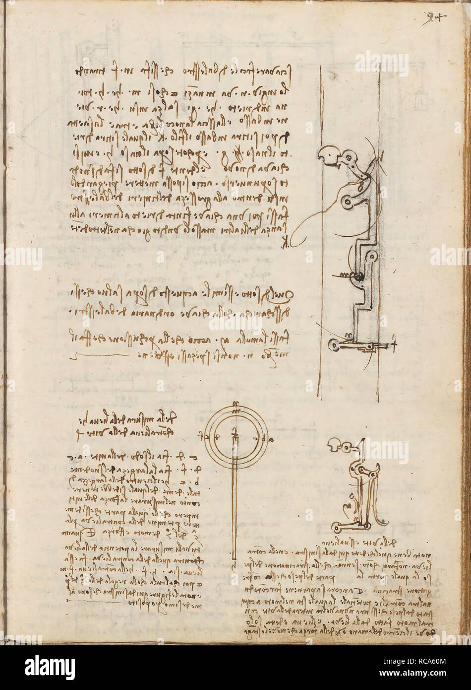 Folio f 94r. Codex Madrid I (Ms. 8937) 'Treaty of statics and mechanics', 192 folios with 384 pages. Internal format: 215 x 145 mm. APPLIED MECHANICS (COMPONENTS). APPLIED MECHANICS (MACHINES AND WITS). PRINCIPLES OF MECHANICS, CINEMATICS, DYNAMICS. Museum: BIBLIOTECA NACIONAL DE ESPAÑA, MADRID. Author: LEONARDO DA VINCI. Stock Photo