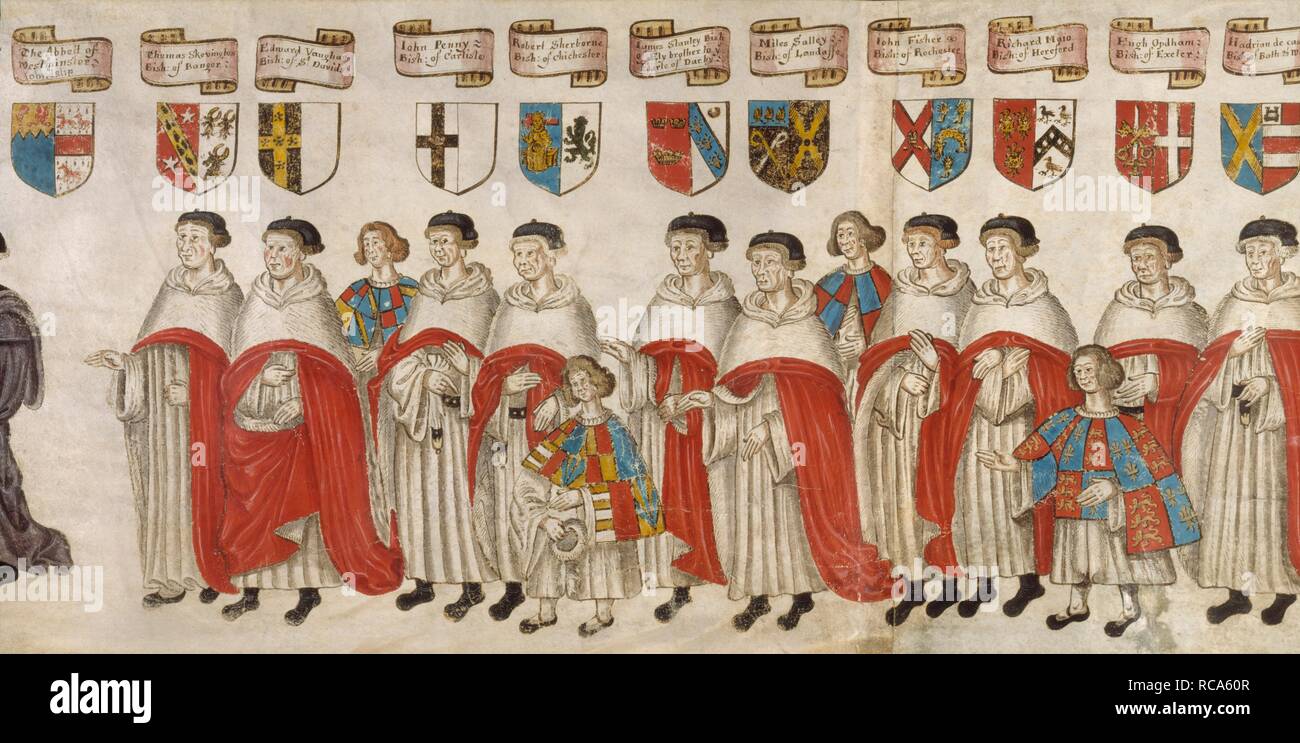 Procession of Bishops. Parliament Procession Roll of 1512. England; early 17th century. (Part of roll) The royal procession to Parliament at Westminster, 4 February 1512. Thomas Skeffington, Bishop of Bangor; Edward Vaughan, Bishop of St. Davids; John Penny, Bishop of Carlisle; Robert Sherborne, Bishop of Chichester; James Stanley, Bishop of Ely; Miles Salley, Bishop of Llandaff; John Fisher, Bishop of Rochester; Richard Mayhew, Bishop of Hereford; Hugh Oldham, Bishop of Exeter; Adrian de Castello, Bishop of Bath and Wells. With their names and arms. 17th century copy  Image taken from Parliam Stock Photo