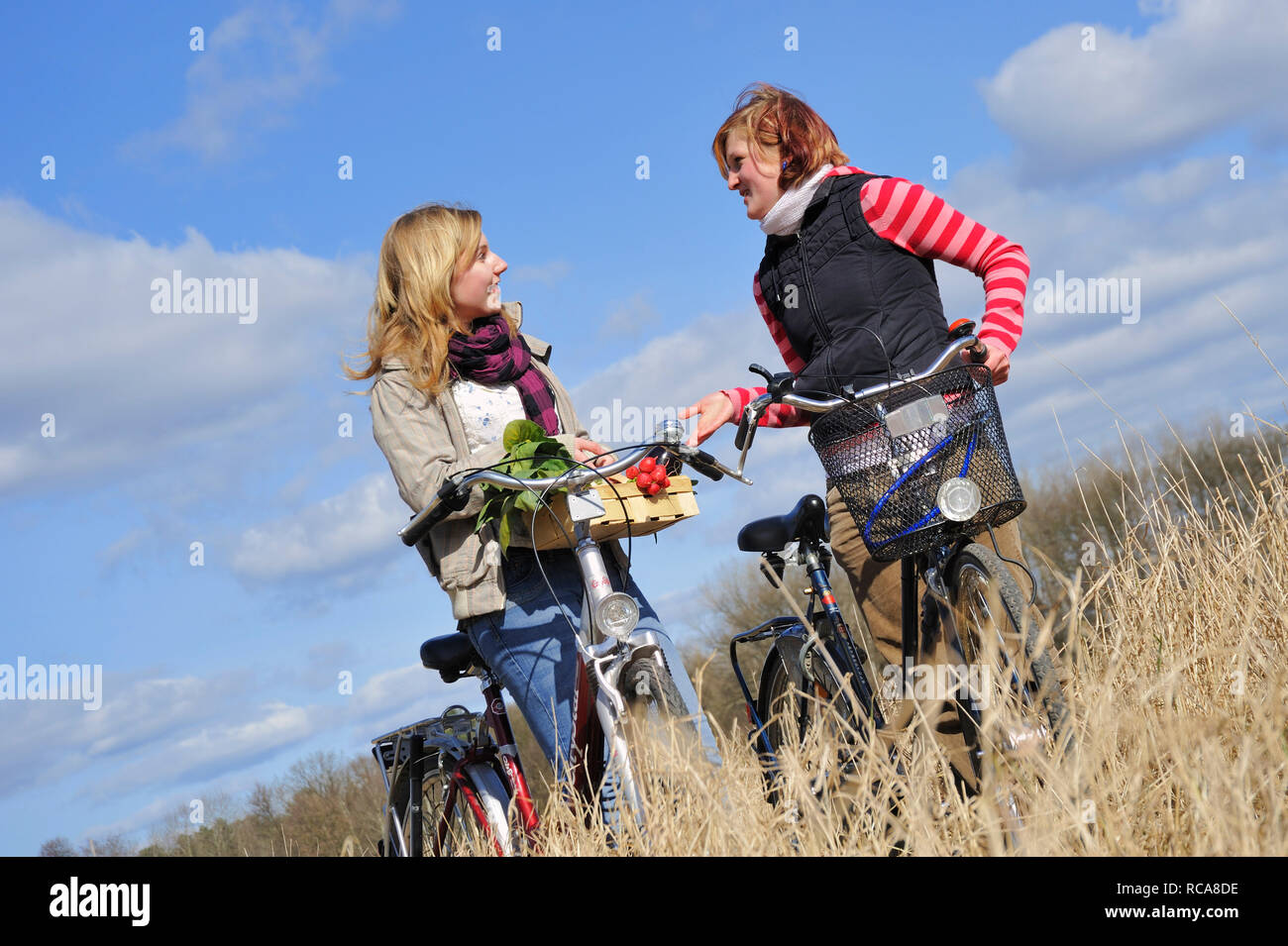 zwei jungendliche Frauen mit Fahrrad und Gemüsekorb - junges Gemüse | two young women with their bicycle and a vegetable basket Stock Photo