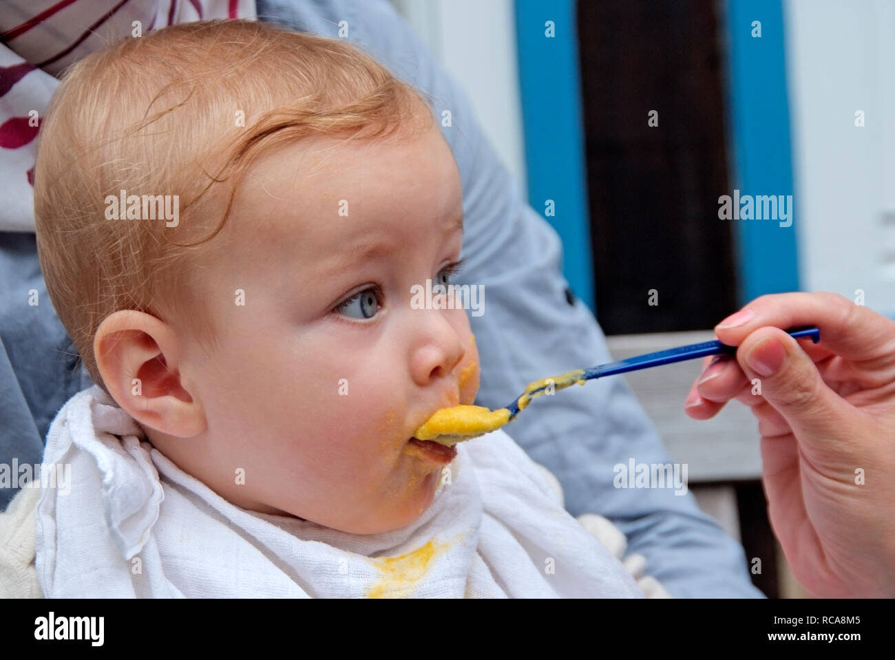 Eltern füttern ihr Baby mit Brei | parents feeding their baby wit pap Stock Photo