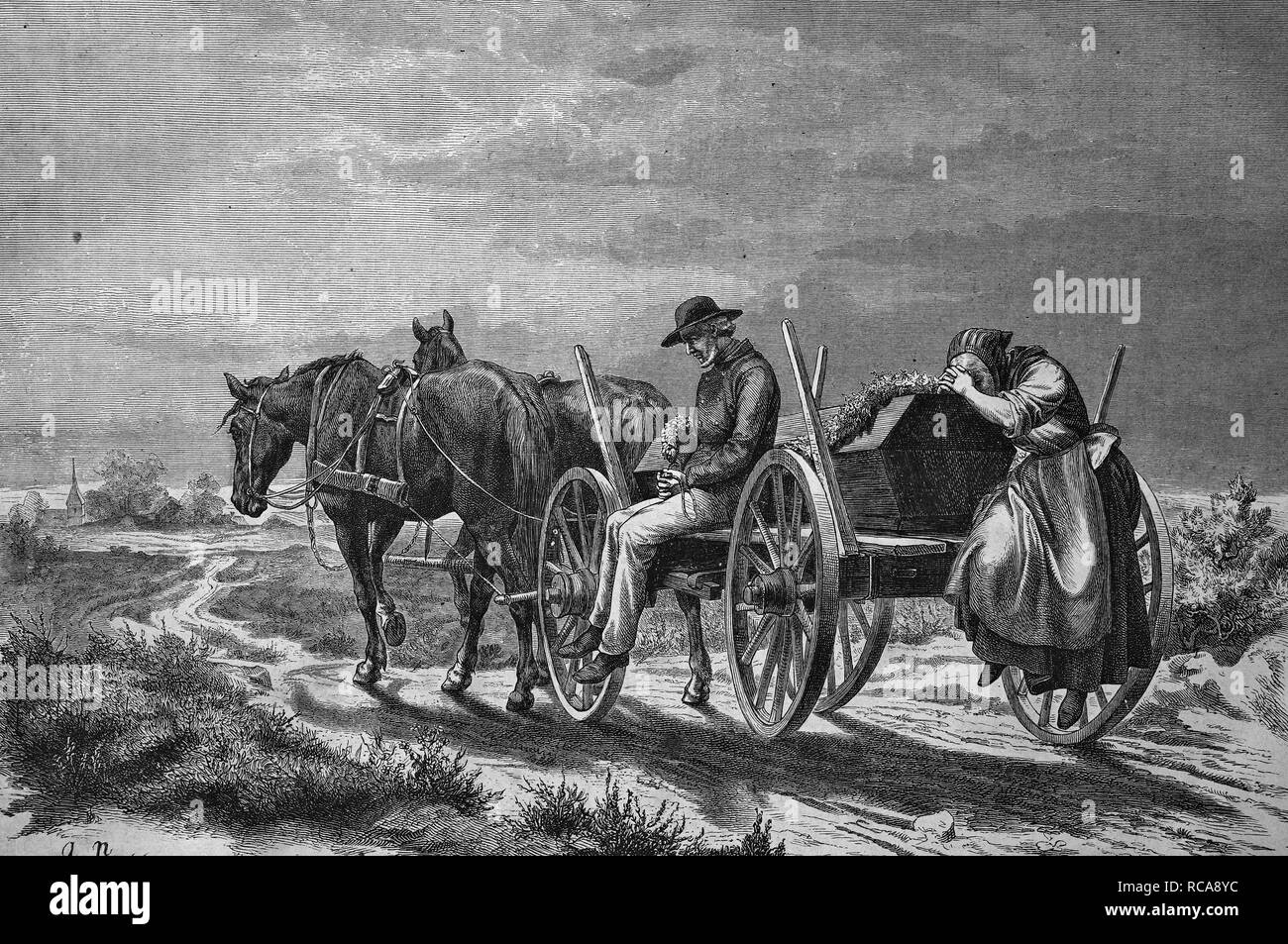 Funeral cortege, coffin is taken to a cemetery by carriage, historical engraving, 1869 Stock Photo