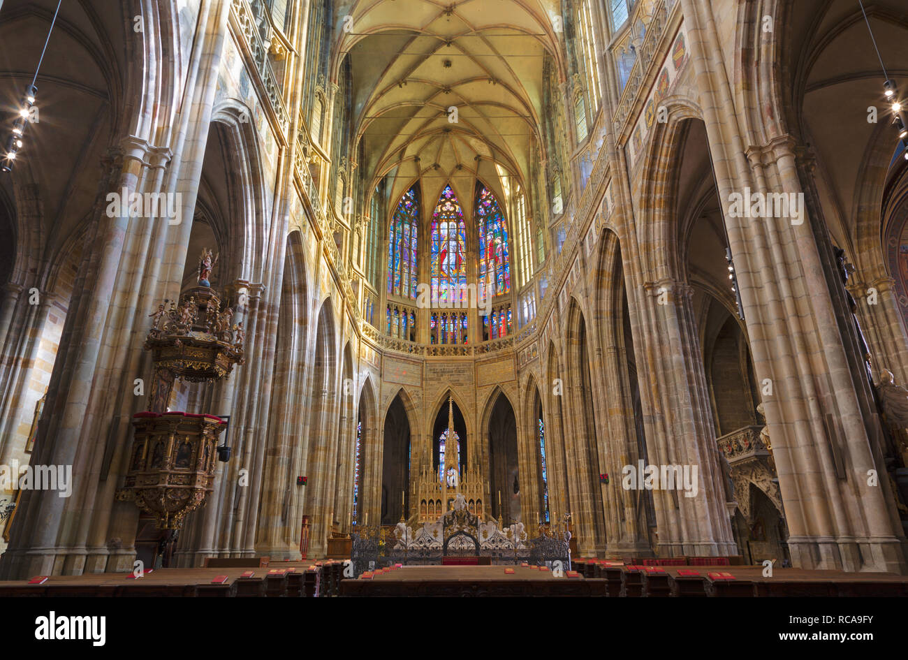 PRAGUE, CZECH REPUBLIC - OCTOBER 14, 2018: The sanctuary of gothic St. Vitus cathedral. Stock Photo