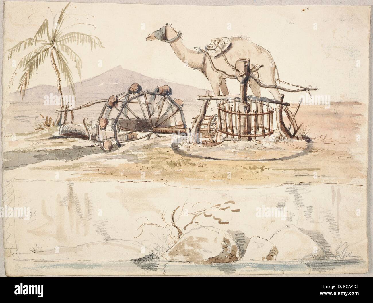 Raising water from the Indus. Personal Observations on Sindh. 1830-1845. Raising water from the Indus. No.36. Camel and Persian wheel. Pencil, pen and ink and wash, watercolour, oil and pastel..  Image taken from Personal Observations on Sindh.  Originally published/produced in 1830-1845. . Source: WD 485, f.7v. Author: POSTANS, THOMAS. Stock Photo