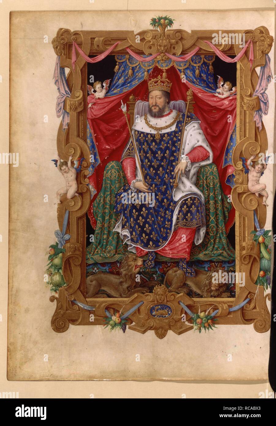 Portrait of Francis I (1494-1547), King of France, in his Coronation Robes. Museum: BIBLIOTHEQUE NATIONALE DE FRANCE. Author: Maître des Heures d'Henri II. Stock Photo