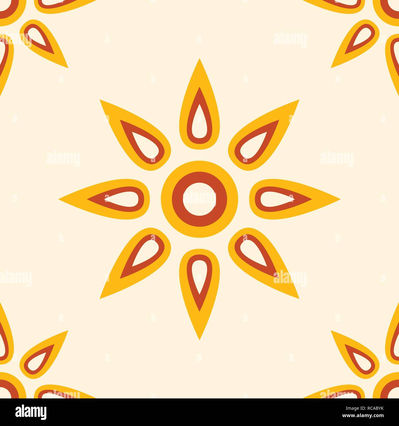 Abstract seamless pattern. Vector background with shiny bright yellow sun theme. Repeating geometric ornament. Stylized suns or flowers. Stock Vector