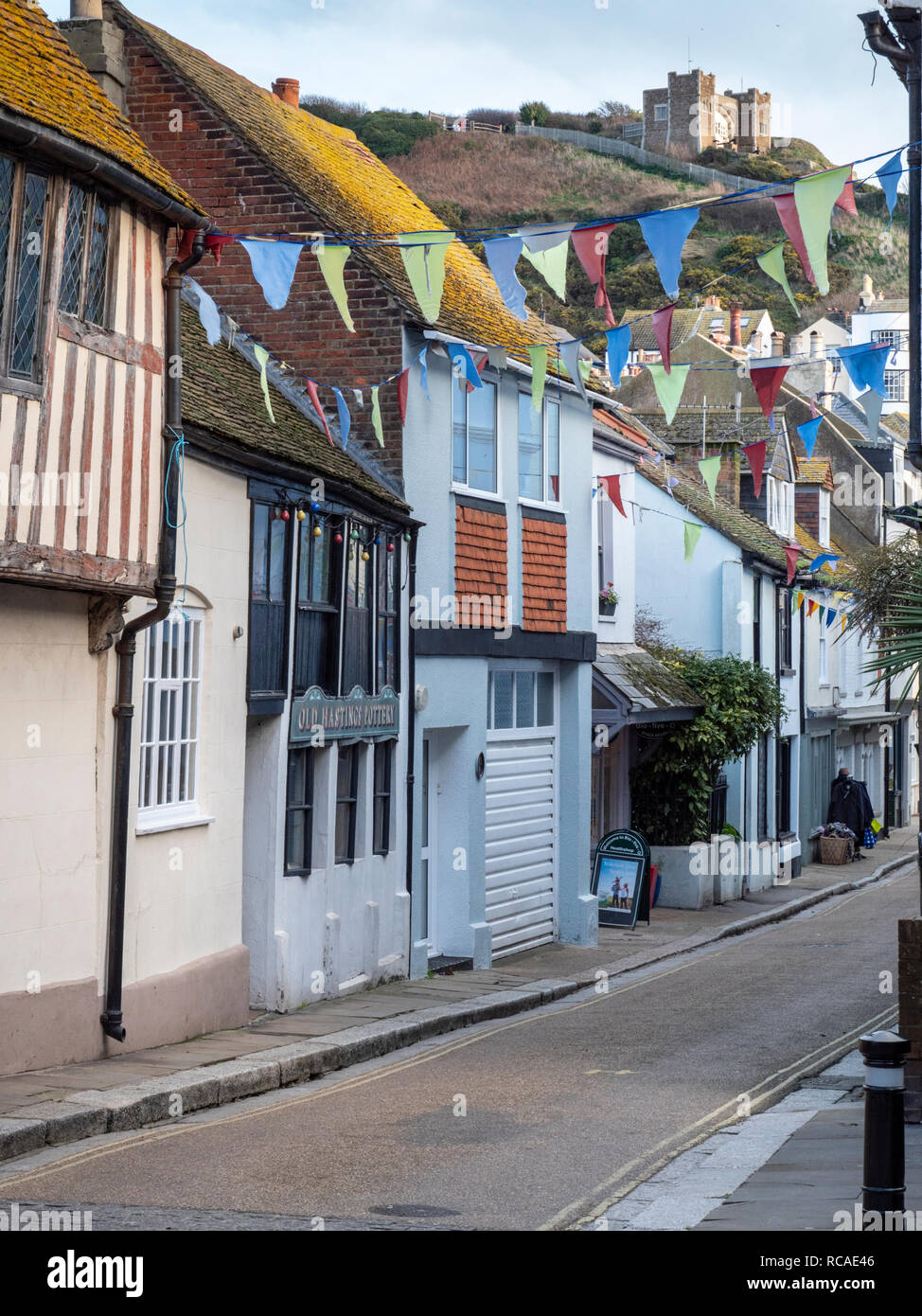 Courthouse Street narrow street with old houses and buildings Hastings
