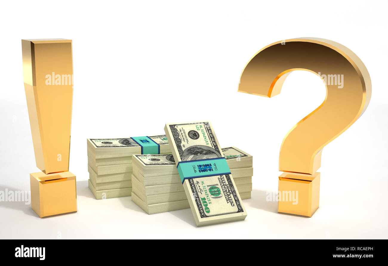 Exclamation Mark and Question Mark with 100 dollar banknotes - 3d Rendering Stock Photo