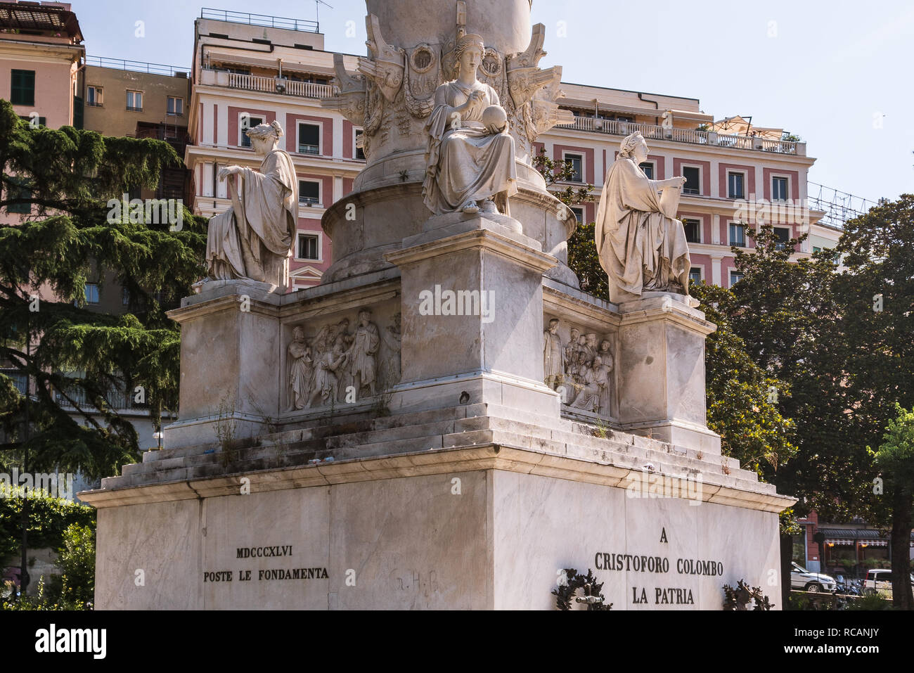 Christopher Columbus Monument on Piazza Acquaverde - details of Cristoforo Colombo in Genoa, Genova, Italy, Europe Stock Photo