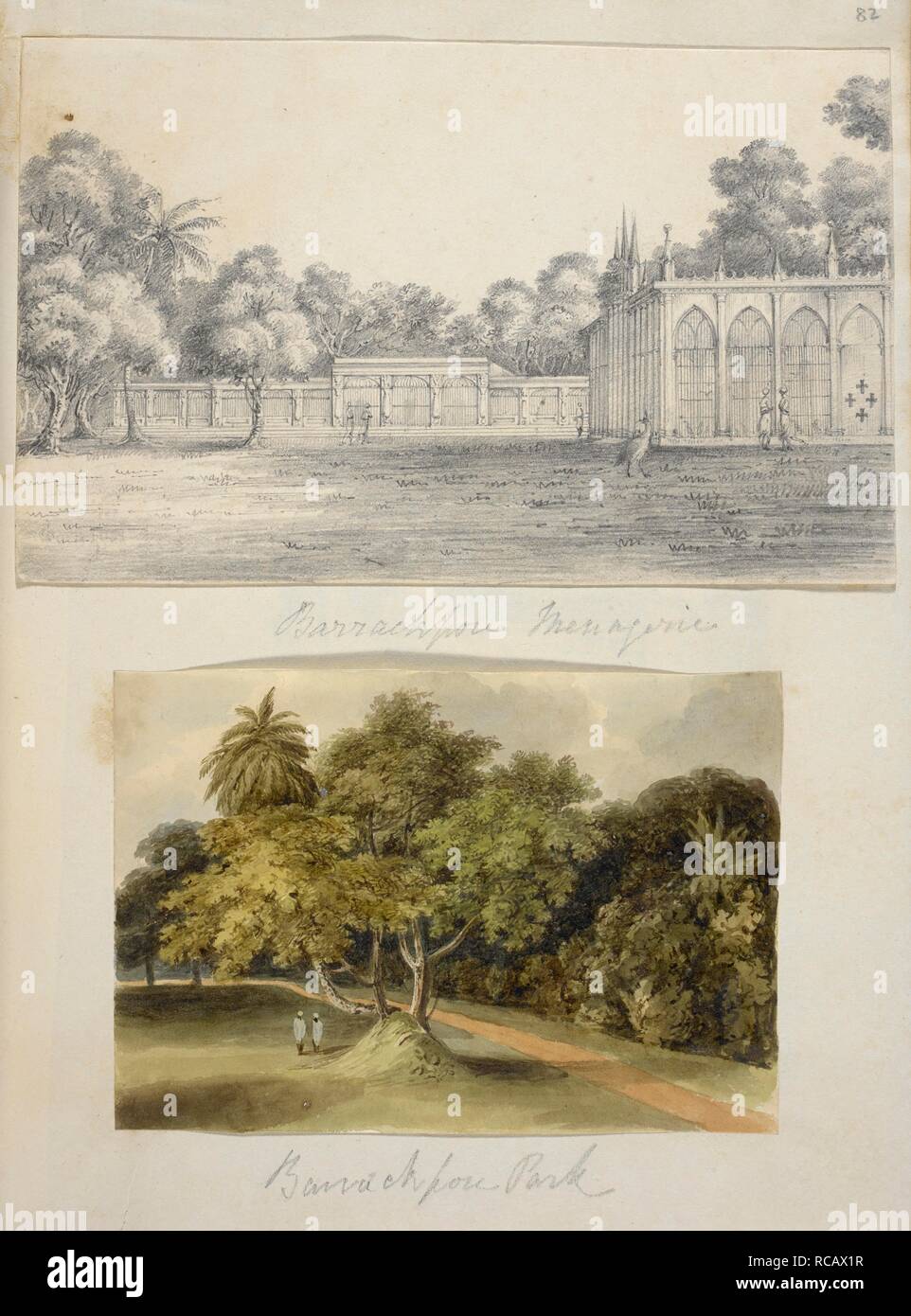 Barrackpore Menagerie. Below, Barrackpore Park  . Hastings Albums. 1810s - 1820s. Pencil drawing; watercolour. Source: WD 4402, f.82. Stock Photo