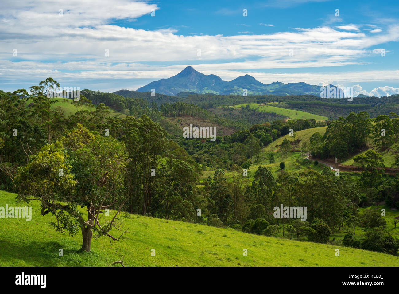 The Forno Grande mountain seen from the Rota do Lagarto scenic road in Pedra Azul, Espirito Santo, Brazil. Stock Photo