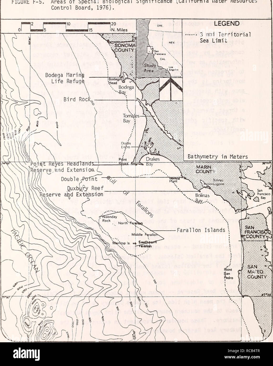. Draft environmental impact statement prepared on the proposed Point Reyes/Farallon Islands Marine Sanctuary / U.S. Department of Commerce, National Oceanic and Atmospheric Administration, Office of Coastal Zone Management. Marine parks and reserves California.. FIGURE F-5. Areas of Special Biological Significance (California Water Resources Control Board, 1976).. F-24. Please note that these images are extracted from scanned page images that may have been digitally enhanced for readability - coloration and appearance of these illustrations may not perfectly resemble the original work.. Natio Stock Photo