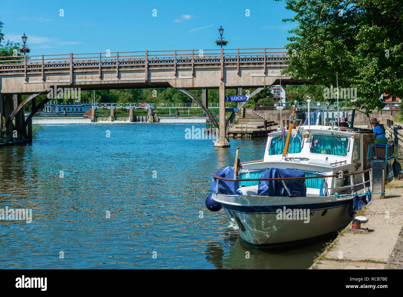 Motor boats moored on the River Thames outside the lock at Goring-on-Thames in the beautiful Thames Valley, Oxfordshire, England,UK, Stock Photo