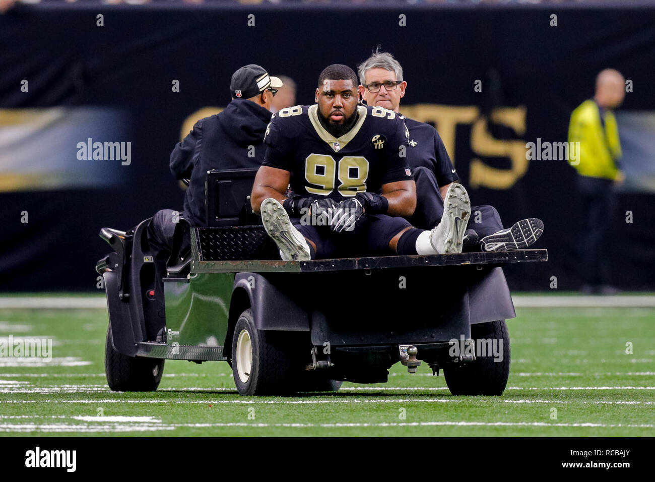 New Orleans, LA, USA. 13th Jan, 2019. New Orleans Saints defensive tackle Sheldon Rankins (98) is carted off the field with a torn achilles against Philadelphia Eagles at the Mercedes-Benz Superdome in New Orleans, LA. Stephen Lew/CSM/Alamy Live News Stock Photo