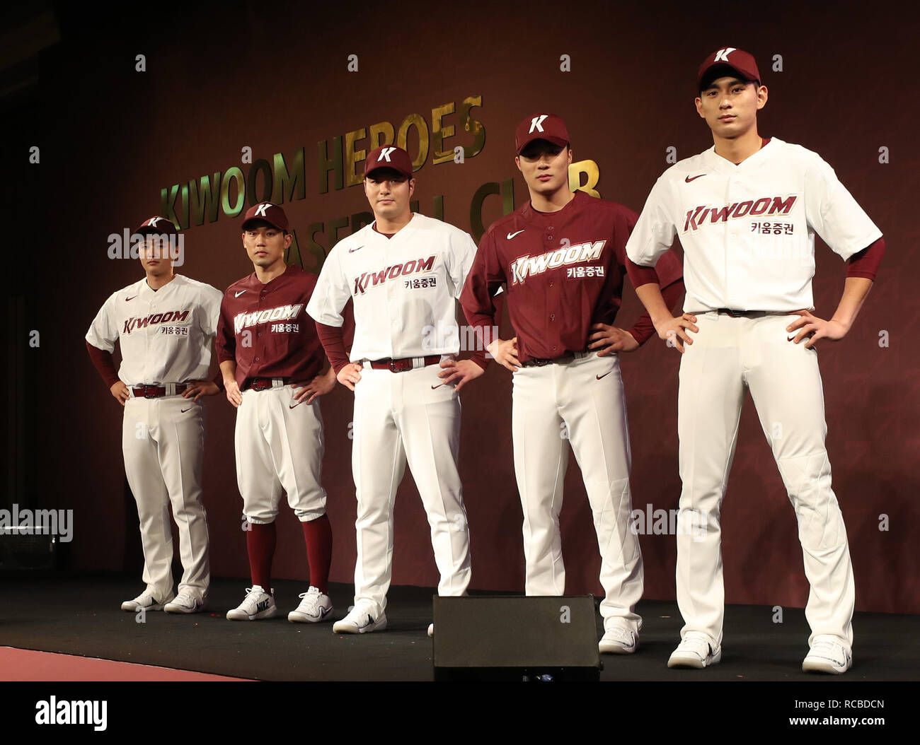 15th Jan, 2019. Chang of name, uniform for baseball club Players of  baseball club Kiwoom Heroes pose in their new team uniforms at the club's  launching ceremony in Seoul on Jan. 15,, image size:1300x1054