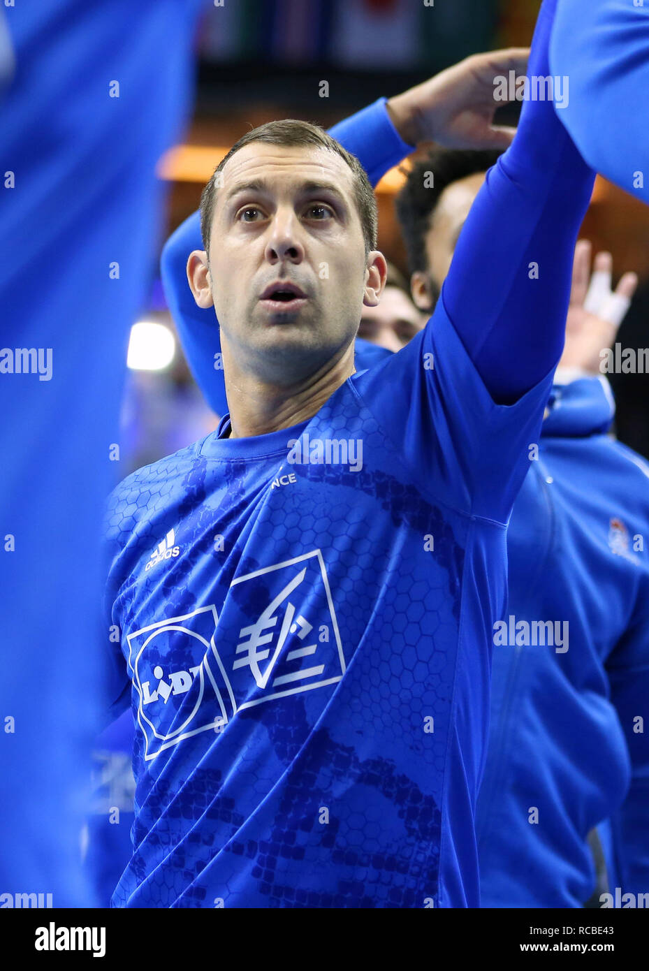 Berlin, Germany. 14th Jan, 2019. Handball IHF Men's World Championship: France left wing Mickael Guigou during the warm-up before the game Credit: Mickael Chavet/Alamy Live News Stock Photo