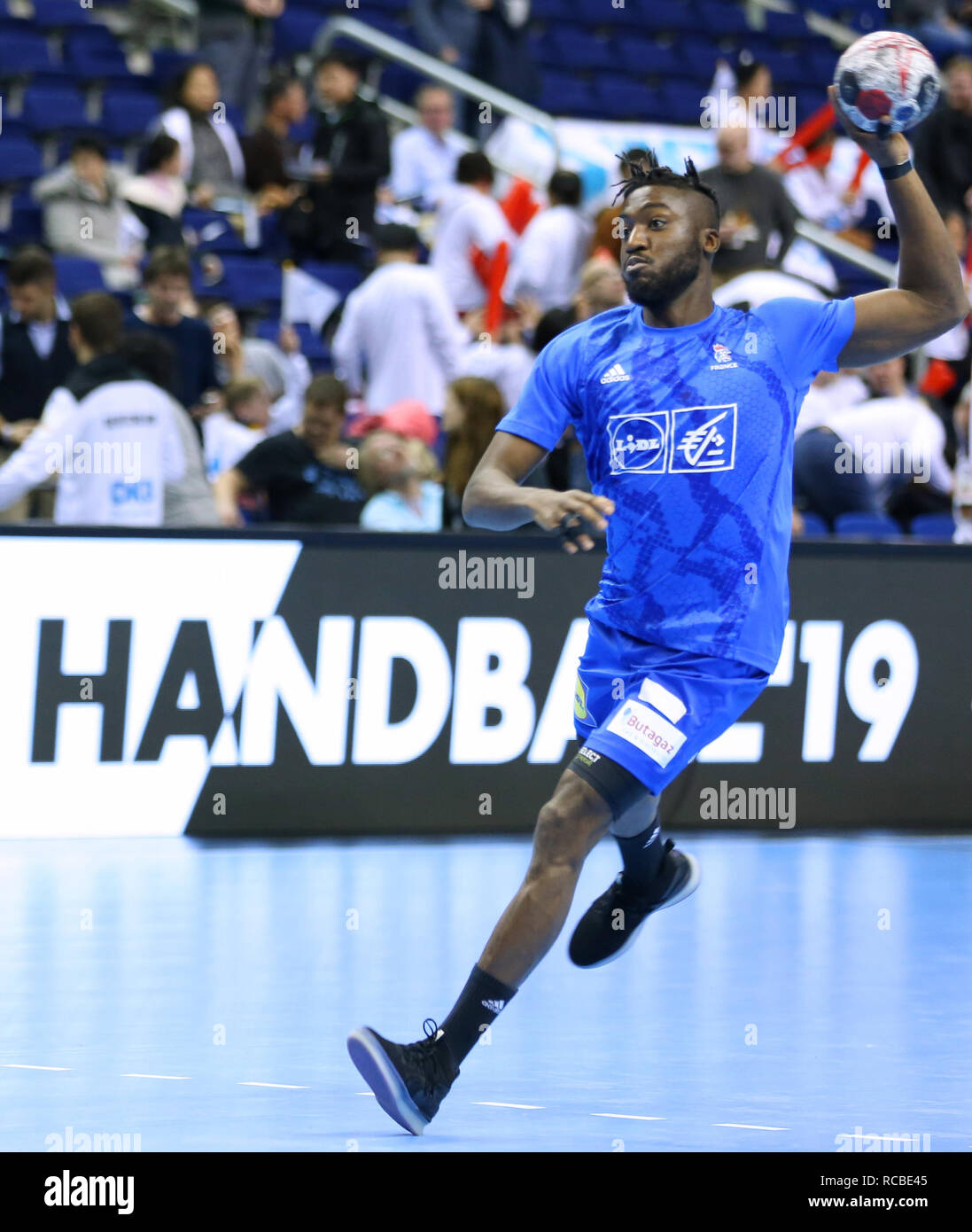 Berlin, Germany. 14th Jan, 2019. Handball IHF Men's World Championship: France right wing Luc Abalo during the warm-up before the game Credit: Mickael Chavet/Alamy Live News Stock Photo