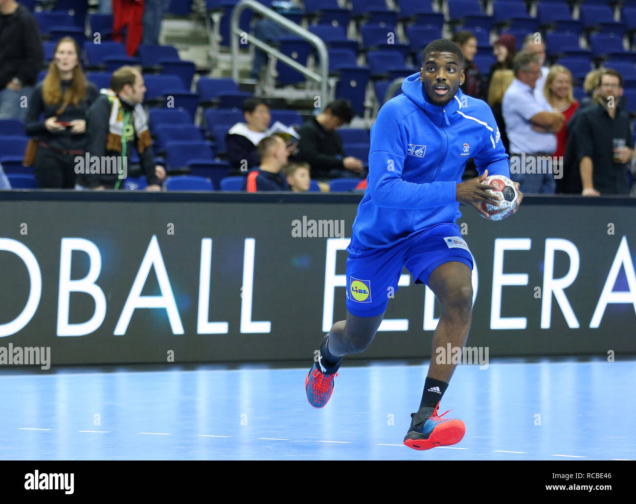 Berlin, Germany. 14th Jan, 2019. Handball IHF Men's World Championship: France centre back Dika Mem during the warm-up before the game Credit: Mickael Chavet/Alamy Live News Stock Photo
