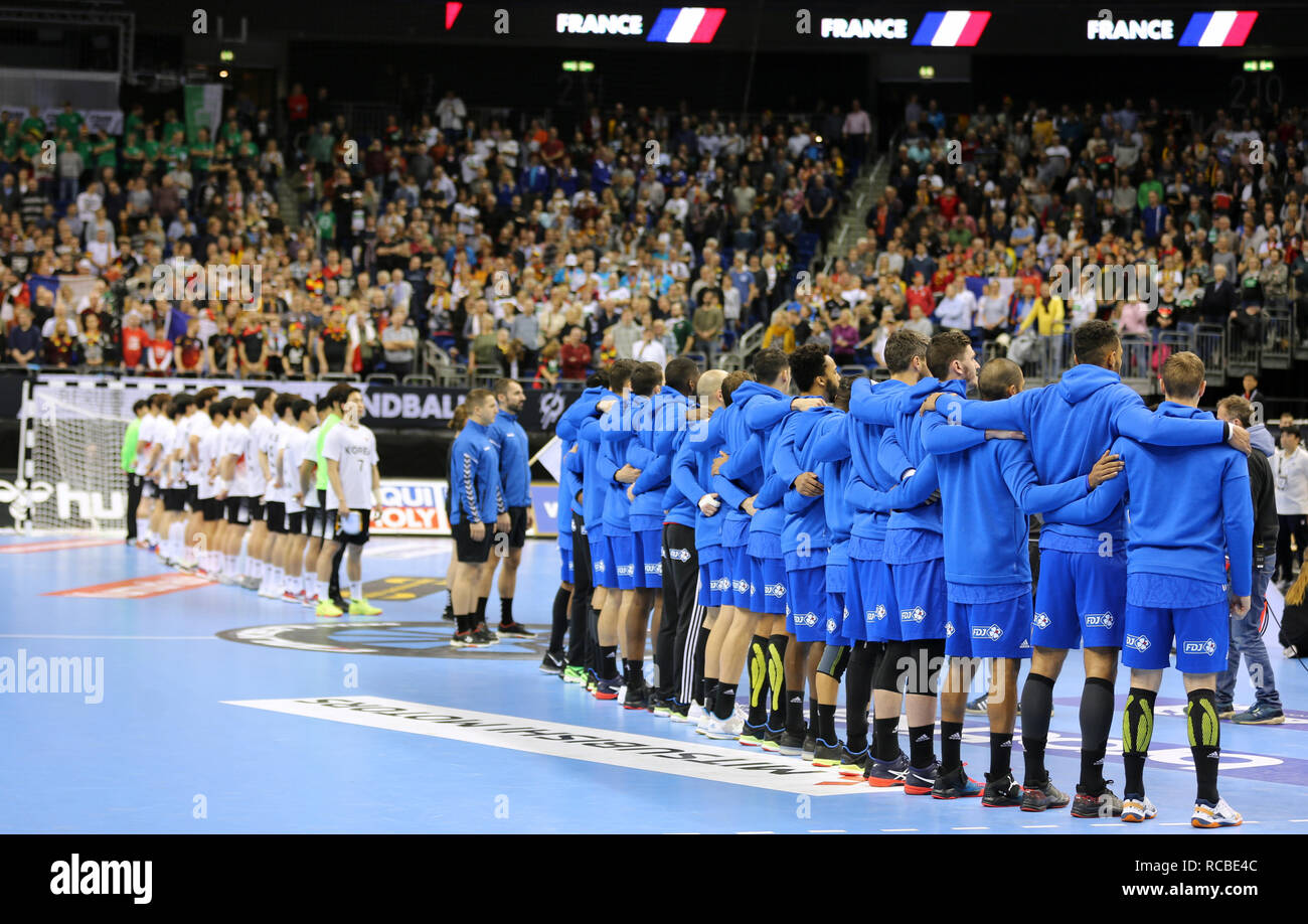 Berlin, Germany. 14th Jan, 2019. Handball IHF Men's World Championship: Team France during the French National Anthem Credit: Mickael Chavet/Alamy Live News Stock Photo