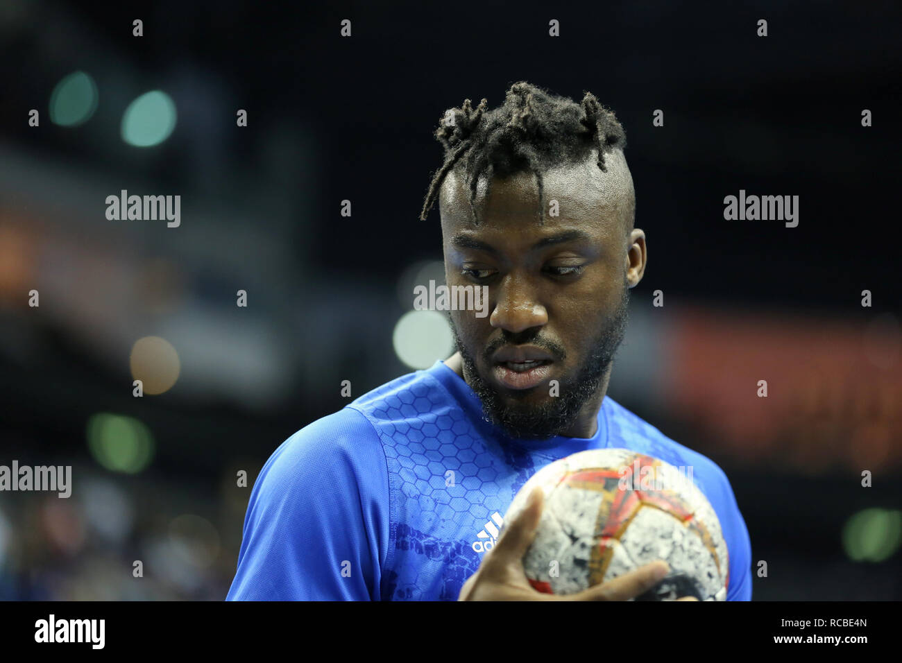 Berlin, Germany. 14th Jan, 2019. Handball IHF Men's World Championship: France right wing Luc Abalo during the warm-up before the game Credit: Mickael Chavet/Alamy Live News Stock Photo