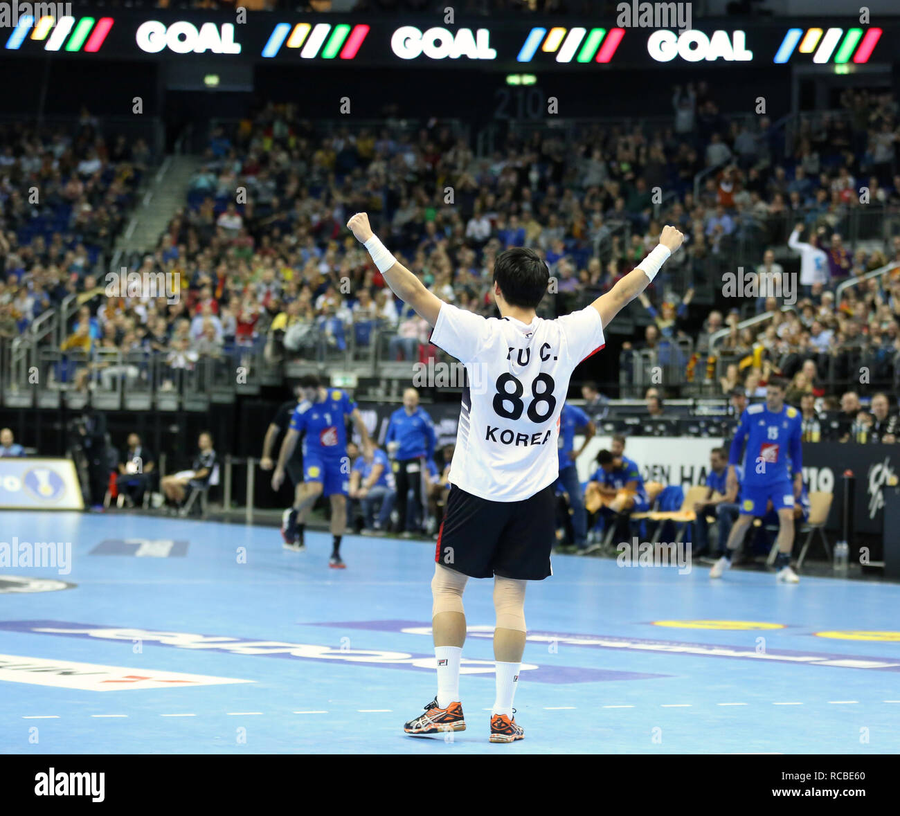 Berlin, Germany. 14th Jan, 2019. Handball IHF Men's World Championship: Korea pivot Changeun Ku celebrates scoring a 7-meter goal Credit: Mickael Chavet/Alamy Live News Stock Photo