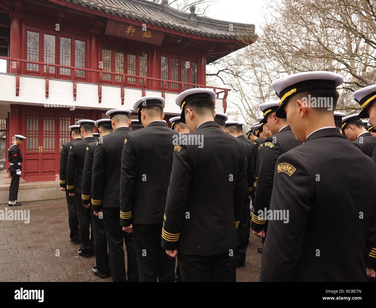 15th Jan, 2019. S. Korean naval cadets in Shanghai Cadets from South Korea's Naval Academy offer a silent prayer at a memorial for Korean independence activist Yoon Bong-gil inside Lu Xun Park in Shanghai on Jan. 15, 2019, to pay tribute to Yoon. The cadets arrived in the Chinese city the previous day as part of their overseas training tour. Yoon threw explosives at Japanese Emperor Hirohito in 1932, when he was visiting the Shanghai park to celebrate his birthday. Credit: Yonhap/Newcom/Alamy Live News Stock Photo