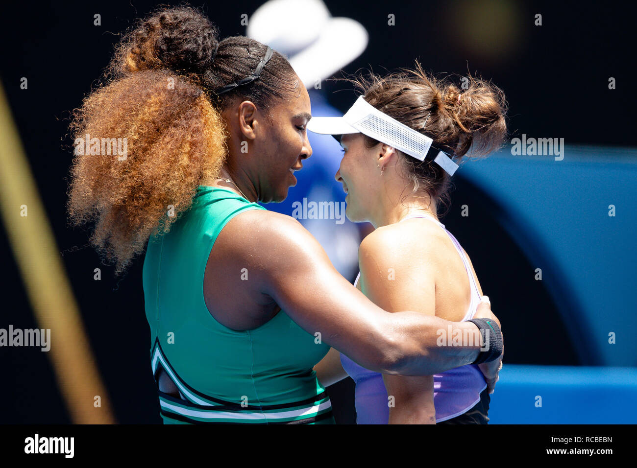 Melbourne, Australia. 2019. Tennis: Grand Slam, WTA-Tour, Australian Open in Melbourne, Women, Individual, 1st round, Maria (Germany) - S. Williams (USA): The US-American Serena Williams (l) comforts the German Tatjana