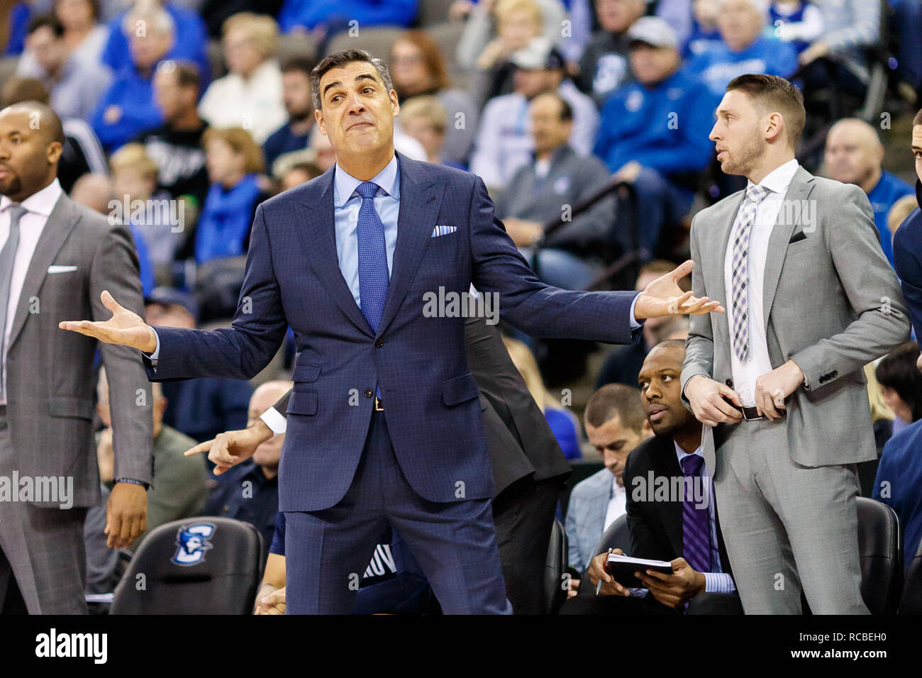 Omaha, NE . 13th Jan, 2019. Villanova Wildcats head coach Jay Wright in action during an NCAA men's basketball game between the Villanova Wildcats and Creighton Bluejays at the CHI Health Center Omaha, NE . 13th Jan, 2019. Villanova Wildcats head coach Jay Wright in action during an NCAA men's basketball game between the Villanova Wildcats and Creighton Bluejays at the CHI Health Center
