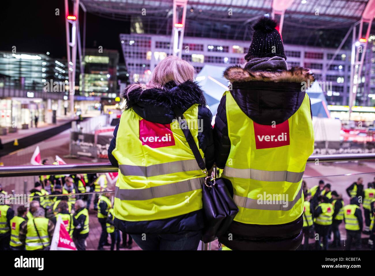 Munich, Bavaria, Germany. 15th Jan, 2019. Citing a breakdown in talks with employers on December 21st, the German Ver.di union organized the latest warning strike in a series at the Munich International Airport with members employed in Airport Security Services (Luftsicherheit) walking out from 3:30am to 24:00. The union is demanding 20 Euros per hour for their 1,000 total members working in Passenger-, Freight, Personnel, and Goods Control of Airport Security, along with recertification to bring other members to the same level. They are also requesting other members receive 'substanti Stock Photo