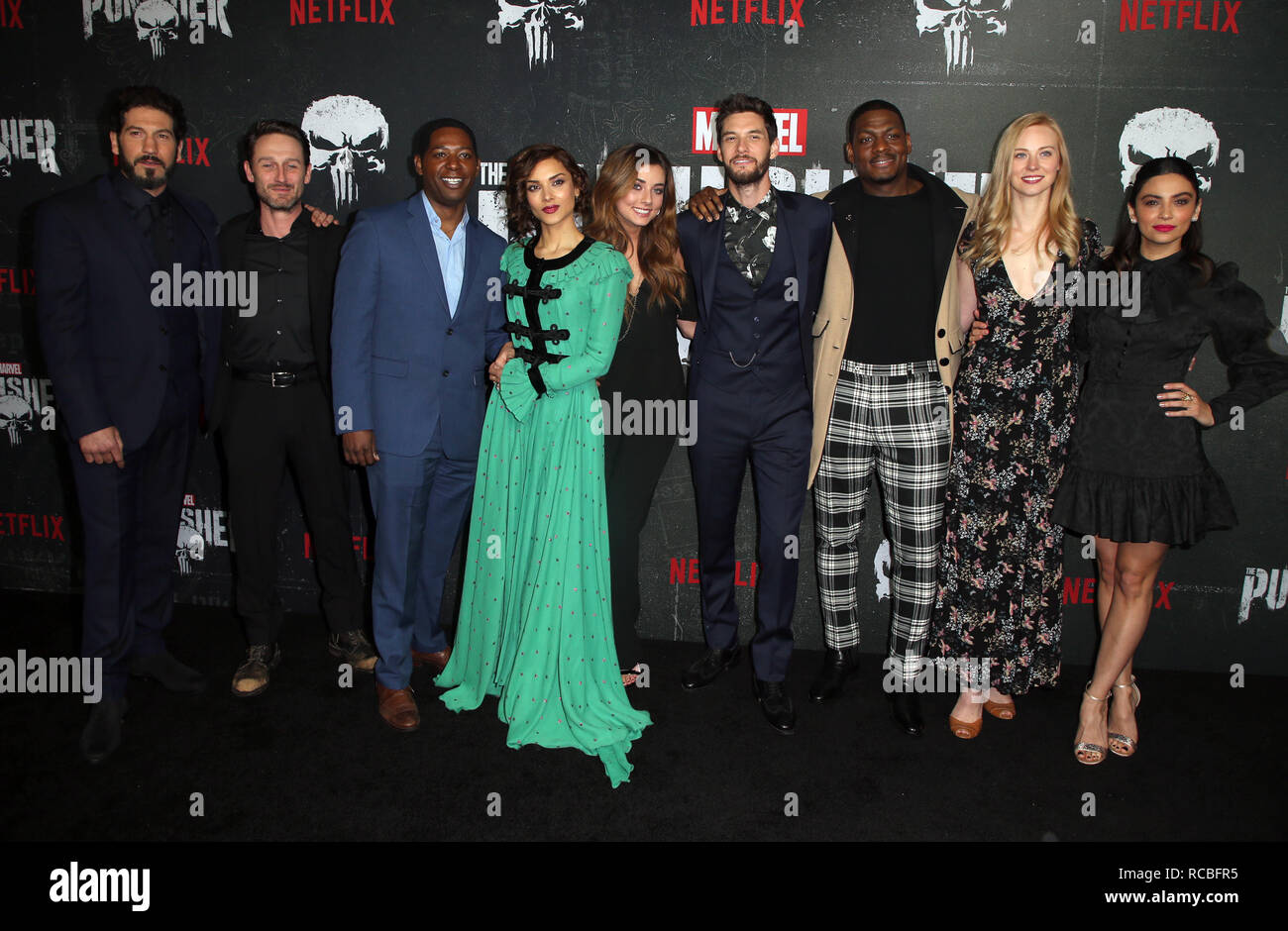 Hollywood, Ca. 14th Jan, 2019. Josh Stewart, Royce Johnson, Amber Rose Revah, Giorgia Whigham, Jon Bernthal, Ben Barnes, Jason R. Moore, Deborah Ann Woll, Floriana Lima, attends Marvel's 'The Punisher' Los Angeles Premiere at ArcLight Hollywood in Hollywood, California on January 14, 2019. Credit: Faye Sadou/Media Punch/Alamy Live News Stock Photo
