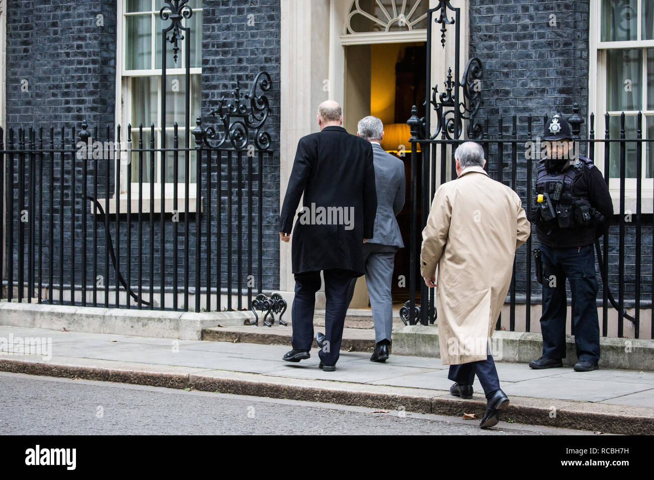 London, UK. 15th Jan, 2019. Chris Grayling MP, Secretary of State for Transport, Stephen Barclay MP, Secretary of State for Exiting the European Union, and Geoffrey Cox QC MP, Attorney General, arrive at 10 Downing Street for a Cabinet meeting on the day of the vote in the House of Commons on Prime Minister Theresa May's proposed final Brexit withdrawal agreement. Credit: Mark Kerrison/Alamy Live News Stock Photo